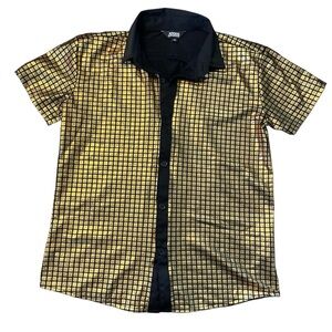 Boys Gold Grid Short-Sleeve Button-Down Shirt with Black Trim size 10 FLASHY 🌟